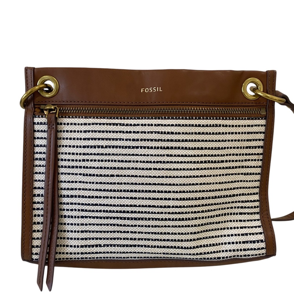 Fossil canvas faux leather crossbody purse bag - striped - brown - casual